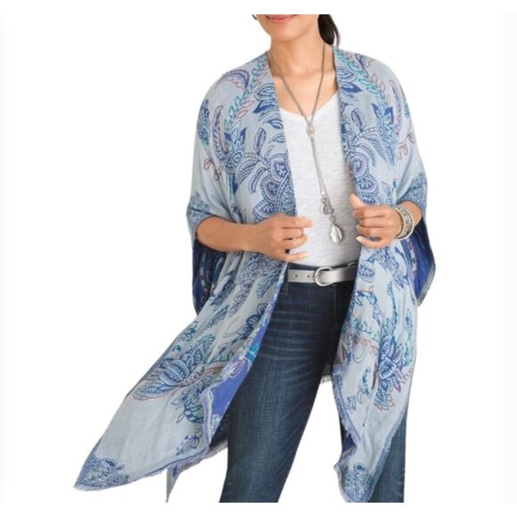 Chicos Floral Embroidered Jacquard Ruana Wrap Size OS Blue Purple Artsy Bohemian - Picture 1 of 6